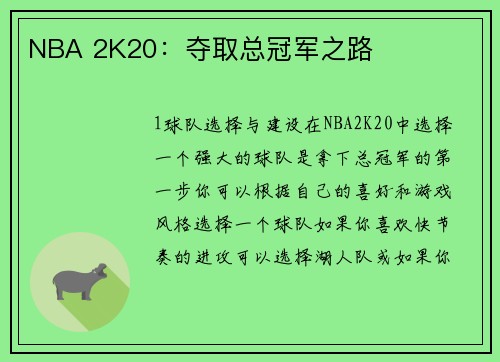 NBA 2K20：夺取总冠军之路