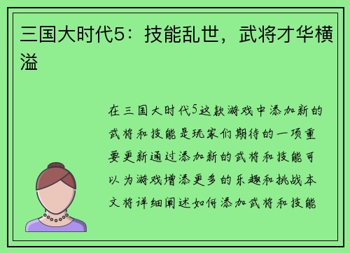 三国大时代5：技能乱世，武将才华横溢