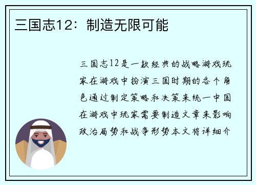 三国志12：制造无限可能